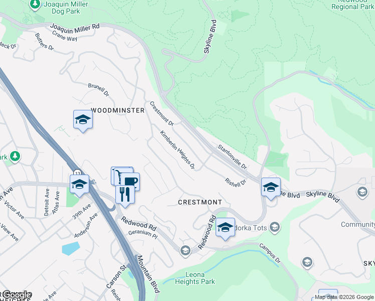 map of restaurants, bars, coffee shops, grocery stores, and more near 124 Rishell Drive in Oakland