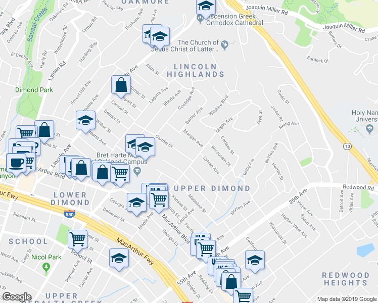 map of restaurants, bars, coffee shops, grocery stores, and more near 2935 Morgan Avenue in Oakland