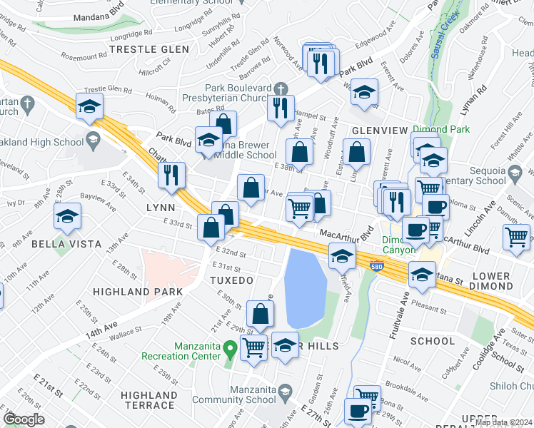 map of restaurants, bars, coffee shops, grocery stores, and more near 3527 Glen Park Road in Oakland