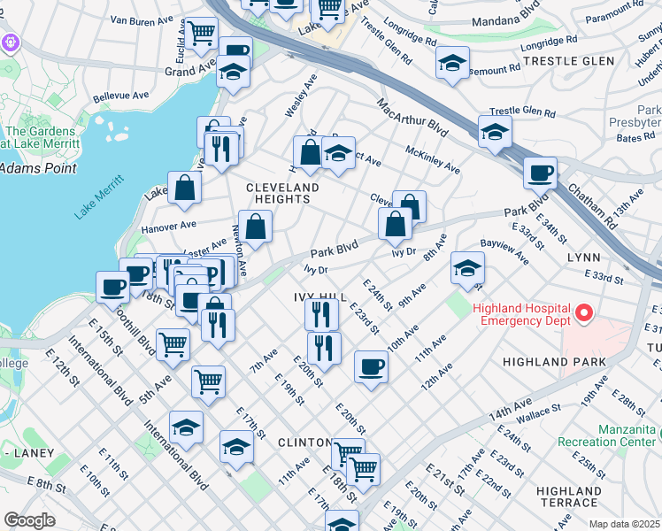 map of restaurants, bars, coffee shops, grocery stores, and more near 2348 Park Boulevard in Oakland