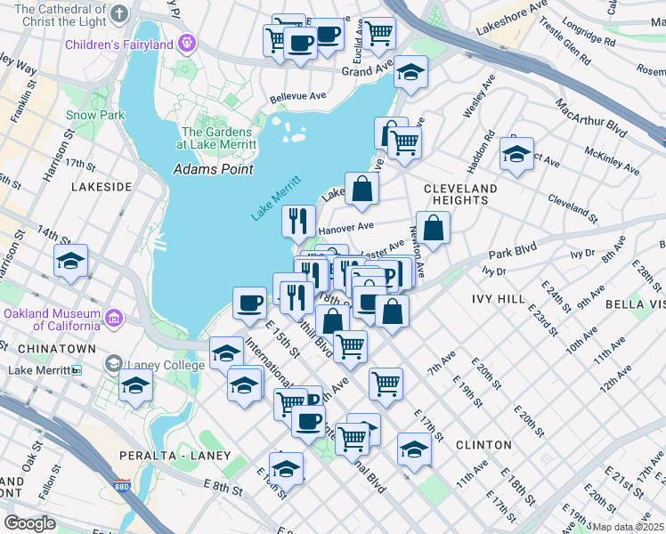 map of restaurants, bars, coffee shops, grocery stores, and more near 227 Wayne Avenue in Oakland
