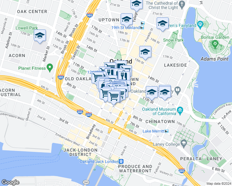 map of restaurants, bars, coffee shops, grocery stores, and more near 1000 Broadway in Oakland