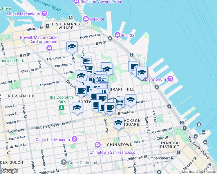 map of restaurants, bars, coffee shops, grocery stores, and more near 1448 Kearny Street in San Francisco