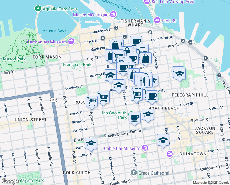 map of restaurants, bars, coffee shops, grocery stores, and more near 925 Greenwich Street in San Francisco