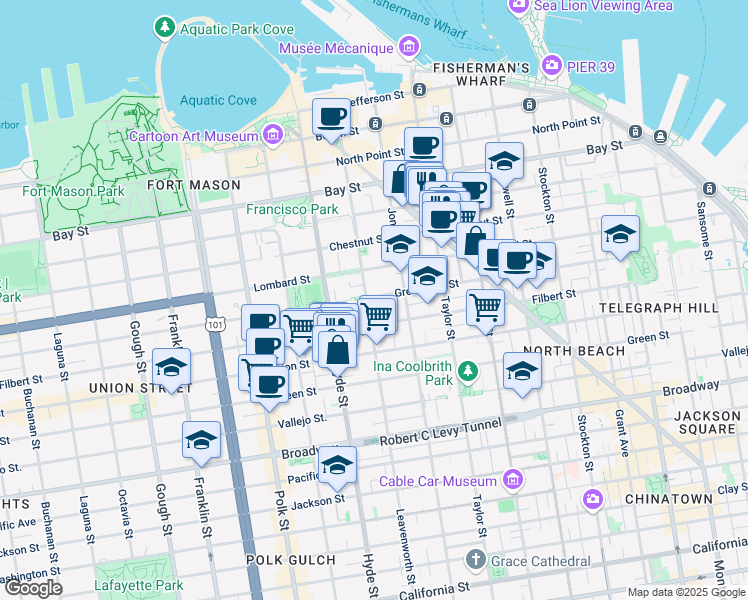 map of restaurants, bars, coffee shops, grocery stores, and more near 2215 Leavenworth Street in San Francisco