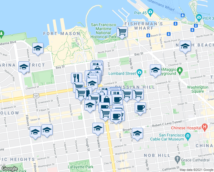 map of restaurants, bars, coffee shops, grocery stores, and more near 2800 Van Ness Avenue in San Francisco