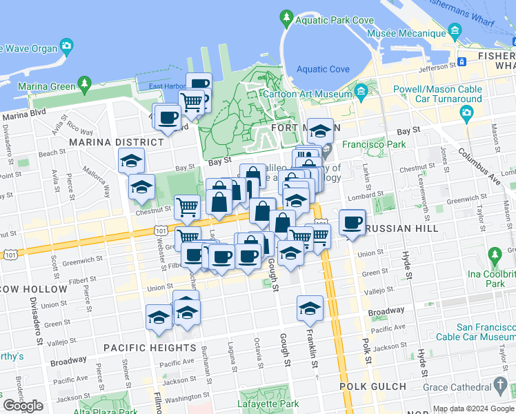 map of restaurants, bars, coffee shops, grocery stores, and more near 1525 Chestnut Street in San Francisco