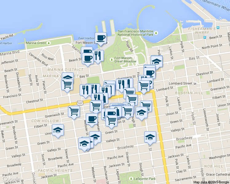 map of restaurants, bars, coffee shops, grocery stores, and more near in San Francisco