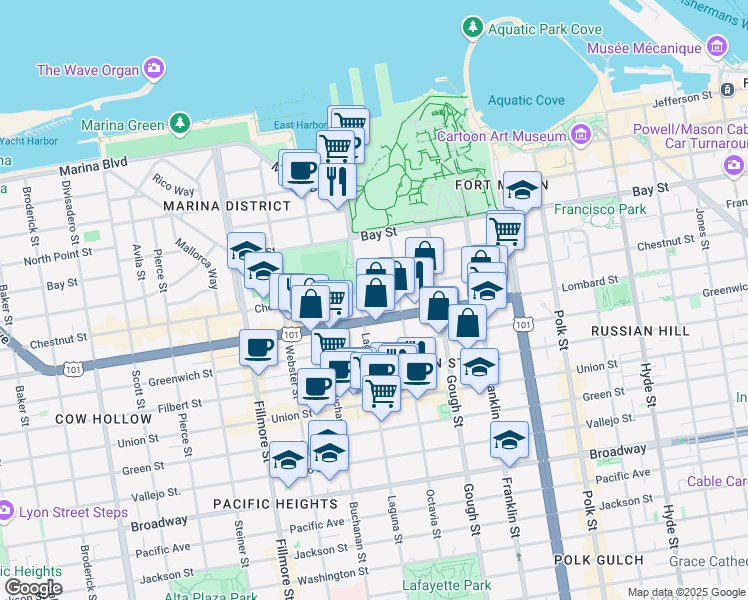 map of restaurants, bars, coffee shops, grocery stores, and more near 1625 Chestnut Street in San Francisco