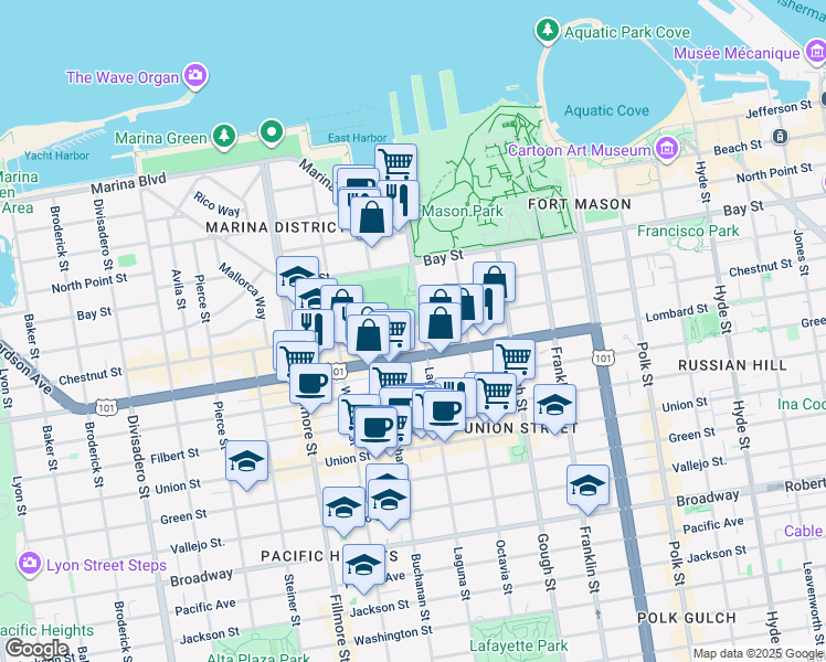 map of restaurants, bars, coffee shops, grocery stores, and more near 3255 Laguna Street in San Francisco
