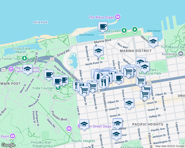 map of restaurants, bars, coffee shops, grocery stores, and more near 2301 Bay Street in San Francisco
