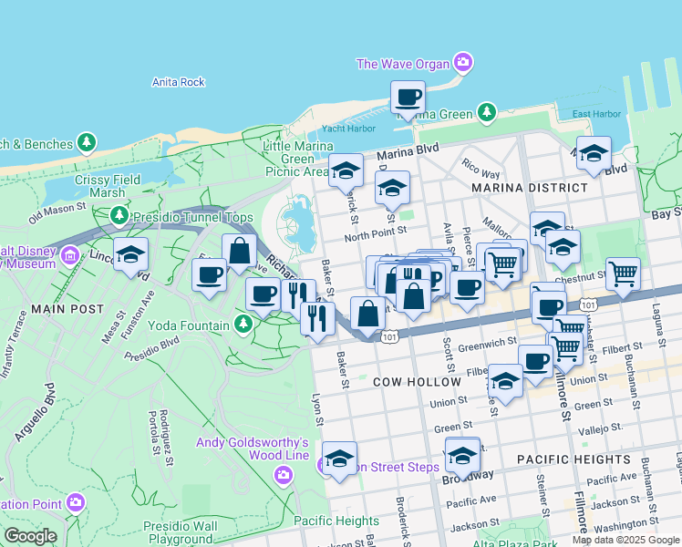 map of restaurants, bars, coffee shops, grocery stores, and more near 3300 Baker Street in San Francisco