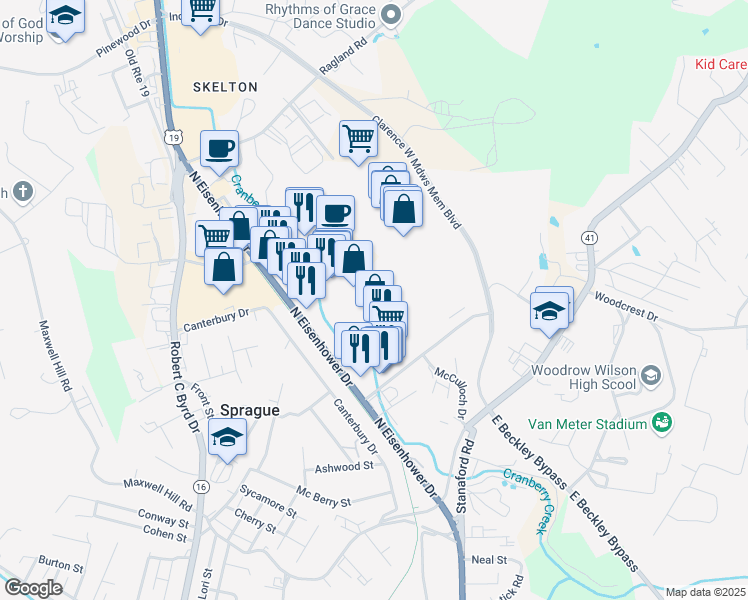 map of restaurants, bars, coffee shops, grocery stores, and more near 1048 North Eisenhower Drive in Beckley