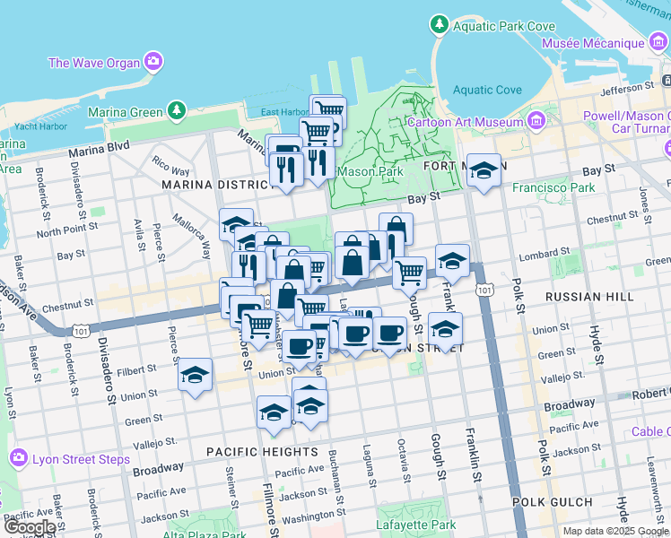 map of restaurants, bars, coffee shops, grocery stores, and more near 3255 Laguna Street in San Francisco