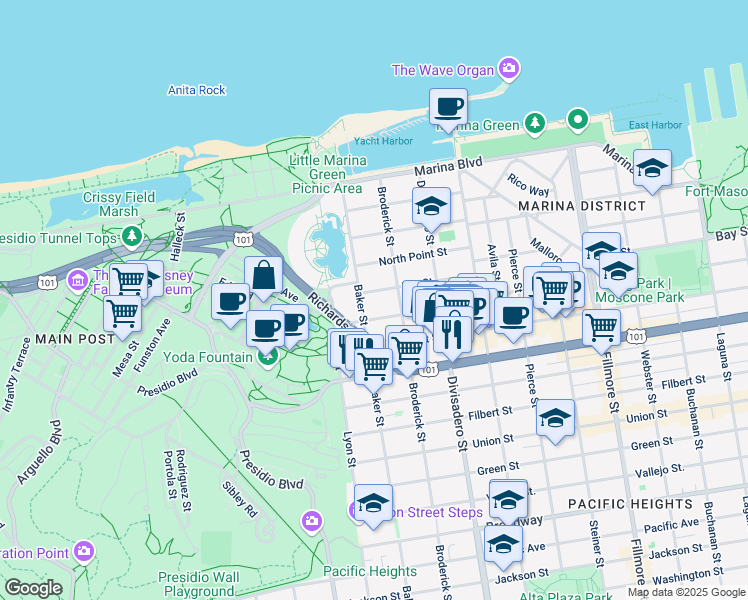 map of restaurants, bars, coffee shops, grocery stores, and more near 3300 Baker Street in San Francisco