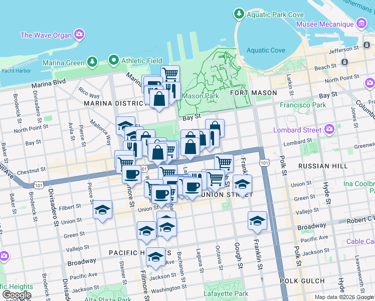 map of restaurants, bars, coffee shops, grocery stores, and more near 3255 Laguna Street in San Francisco