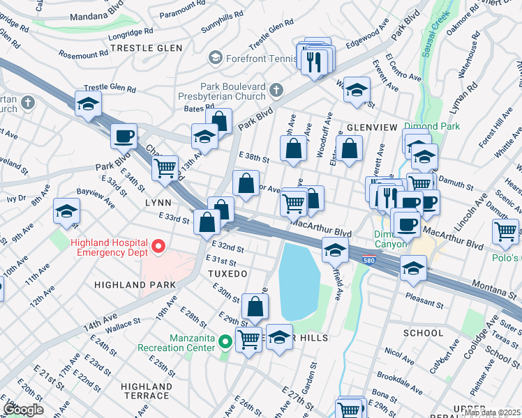 map of restaurants, bars, coffee shops, grocery stores, and more near 3527 Glen Park Road in Oakland