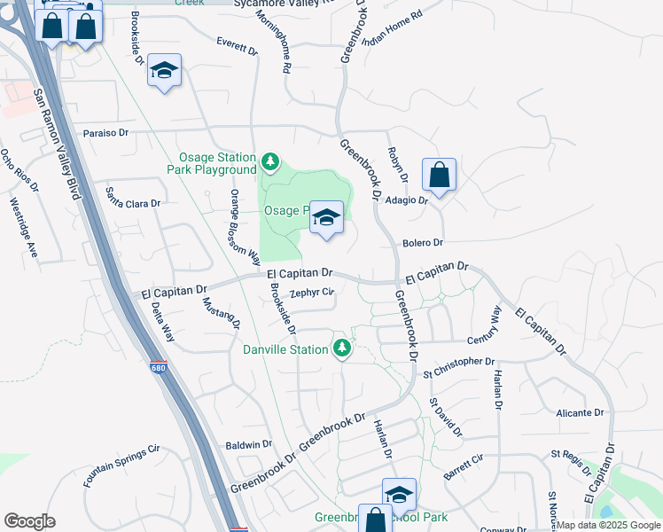 map of restaurants, bars, coffee shops, grocery stores, and more near 587 El Capitan Drive in Danville