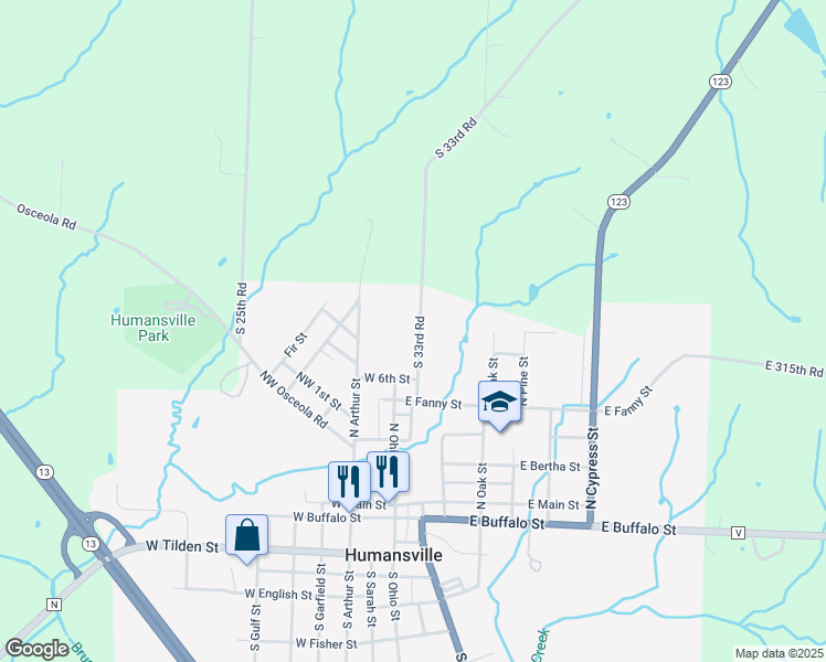 map of restaurants, bars, coffee shops, grocery stores, and more near 703 North Mary Street in Humansville