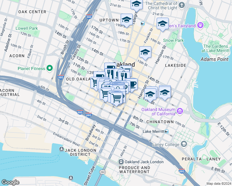 map of restaurants, bars, coffee shops, grocery stores, and more near 989 Franklin Street in Oakland