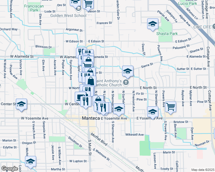 map of restaurants, bars, coffee shops, grocery stores, and more near 311 East North Street in Manteca