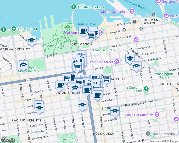 map of restaurants, bars, coffee shops, grocery stores, and more near 2800 Van Ness Avenue in San Francisco