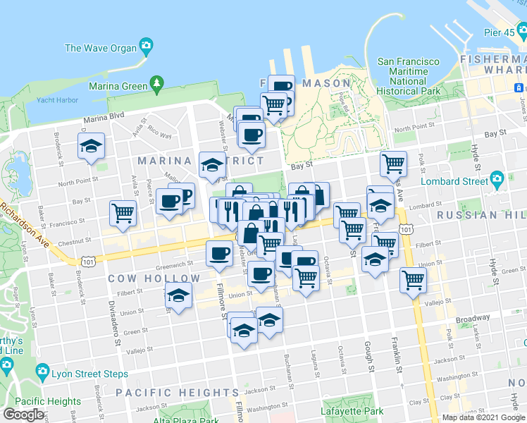 map of restaurants, bars, coffee shops, grocery stores, and more near Chestnut Street & Buchanan Street in San Francisco