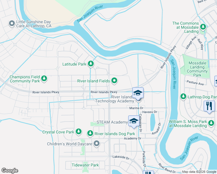 map of restaurants, bars, coffee shops, grocery stores, and more near 1175 Commercial Street in Lathrop