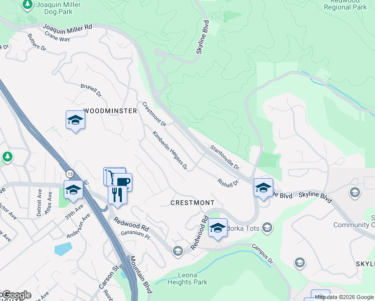 map of restaurants, bars, coffee shops, grocery stores, and more near 124 Rishell Drive in Oakland