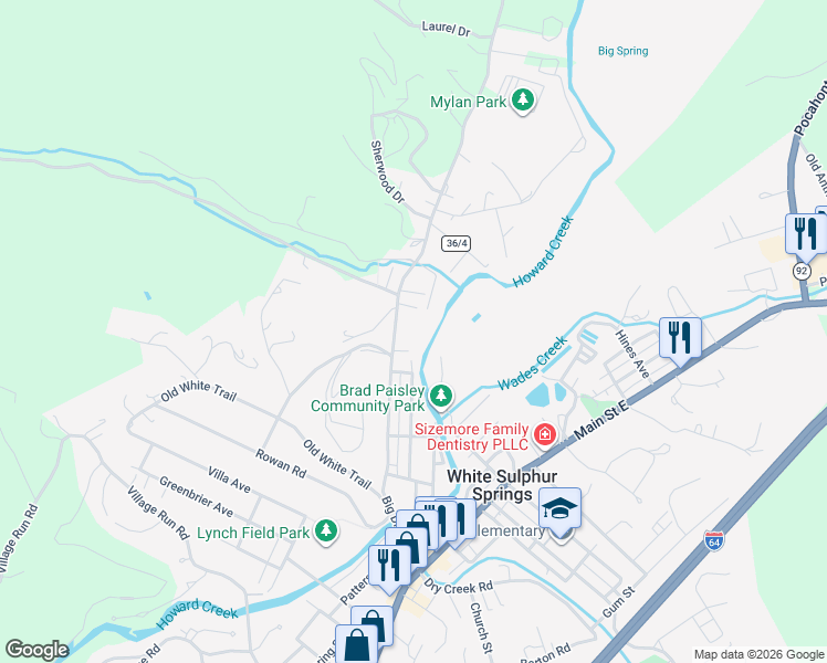 map of restaurants, bars, coffee shops, grocery stores, and more near 634 Big Draft Rd in White Sulphur Springs