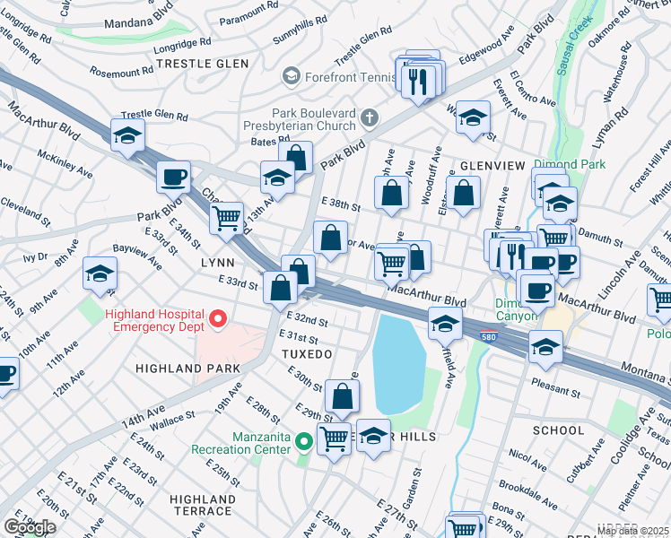 map of restaurants, bars, coffee shops, grocery stores, and more near 1482 MacArthur Boulevard in Oakland