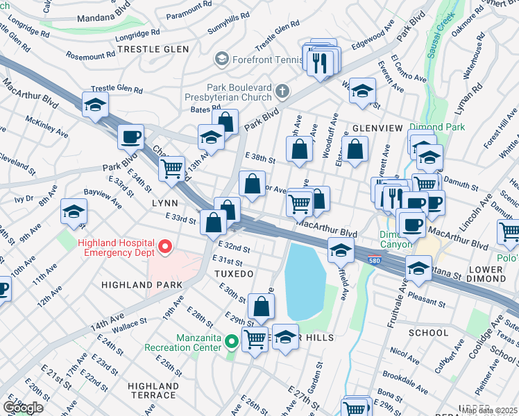 map of restaurants, bars, coffee shops, grocery stores, and more near 3507 Glen Park Road in Oakland