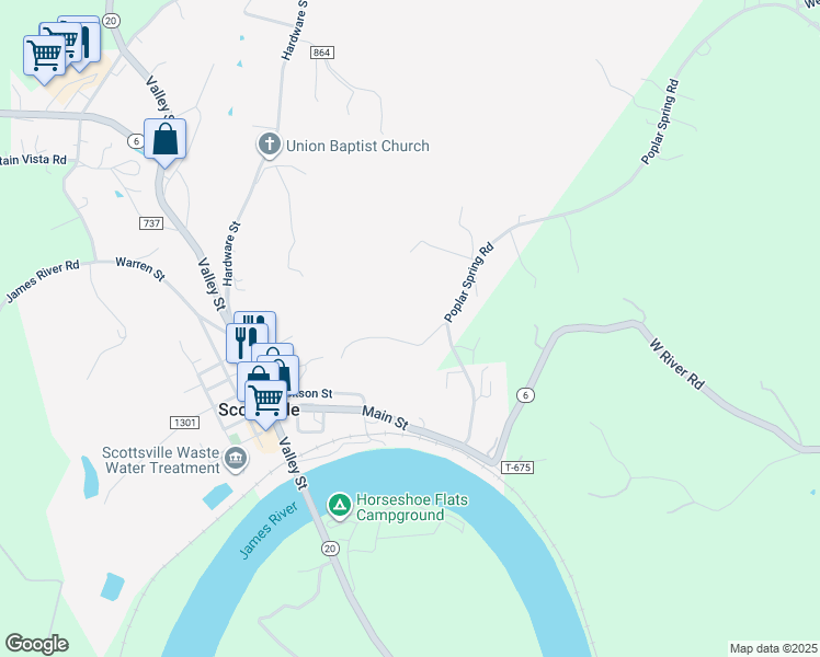 map of restaurants, bars, coffee shops, grocery stores, and more near 345 Littleberry Ln in Scottsville