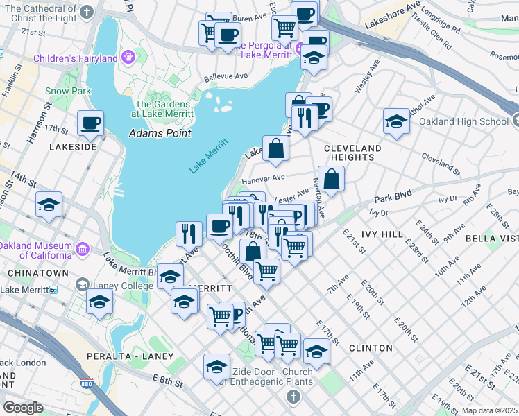 map of restaurants, bars, coffee shops, grocery stores, and more near 204 Wayne Avenue in Oakland