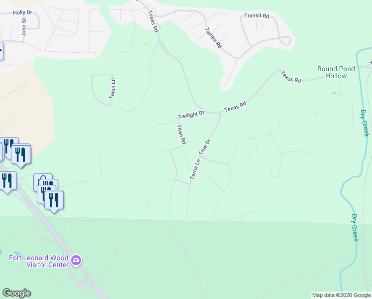 map of restaurants, bars, coffee shops, grocery stores, and more near 16506 Titan Road in Saint Robert