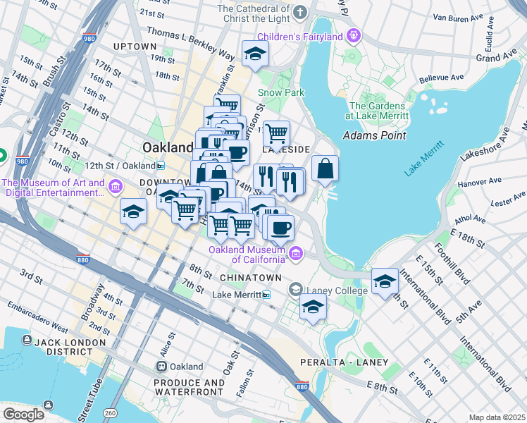 map of restaurants, bars, coffee shops, grocery stores, and more near 184 13th Street in Oakland
