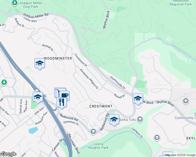 map of restaurants, bars, coffee shops, grocery stores, and more near 124 Rishell Drive in Oakland