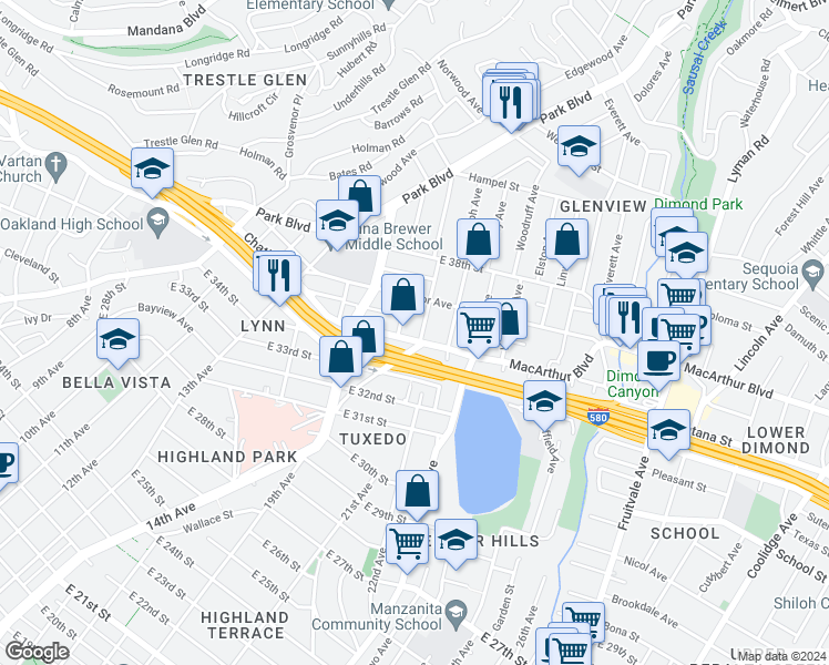 map of restaurants, bars, coffee shops, grocery stores, and more near 3527 Glen Park Road in Oakland