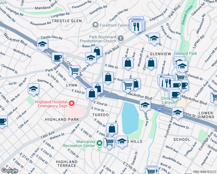 map of restaurants, bars, coffee shops, grocery stores, and more near 3527 Glen Park Road in Oakland