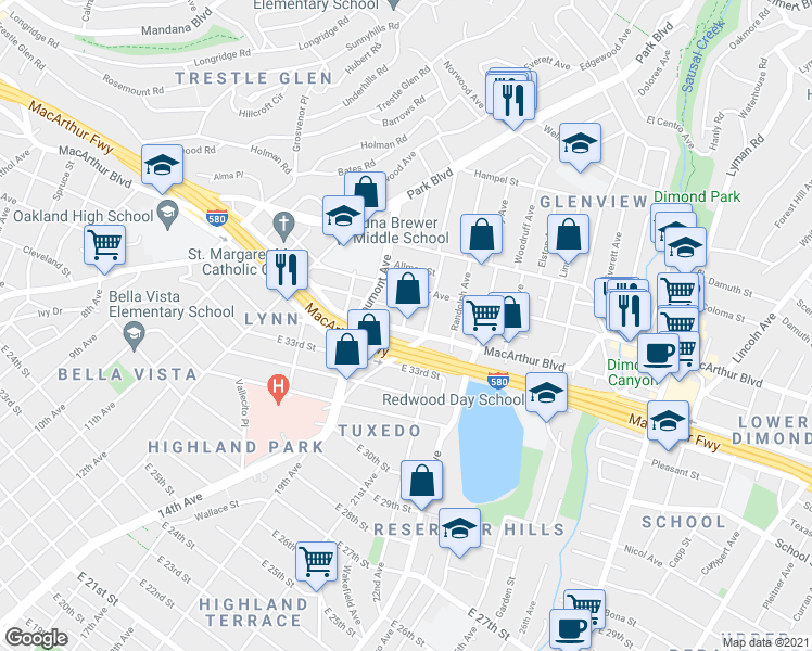 map of restaurants, bars, coffee shops, grocery stores, and more near 3527 Glen Park Road in Oakland