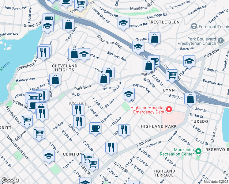 map of restaurants, bars, coffee shops, grocery stores, and more near in Oakland