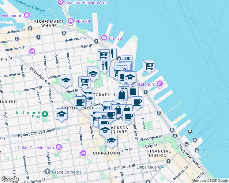 map of restaurants, bars, coffee shops, grocery stores, and more near 1235 Sansome Street in San Francisco