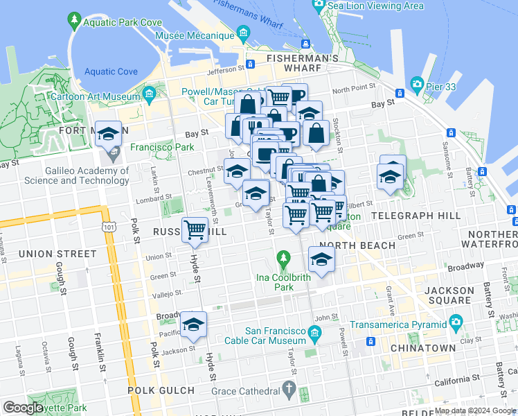 map of restaurants, bars, coffee shops, grocery stores, and more near 925 Greenwich Street in San Francisco