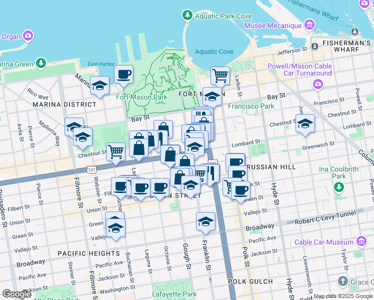 map of restaurants, bars, coffee shops, grocery stores, and more near 1530 Lombard Street in San Francisco