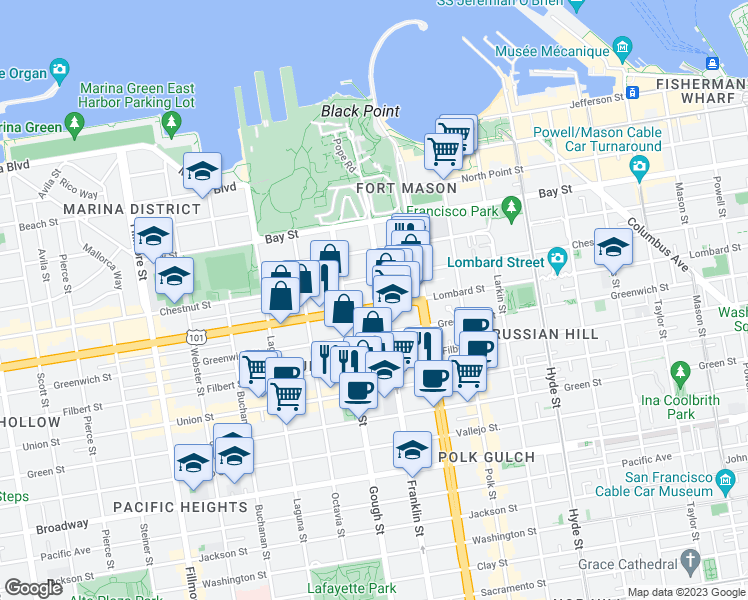 map of restaurants, bars, coffee shops, grocery stores, and more near in San Francisco