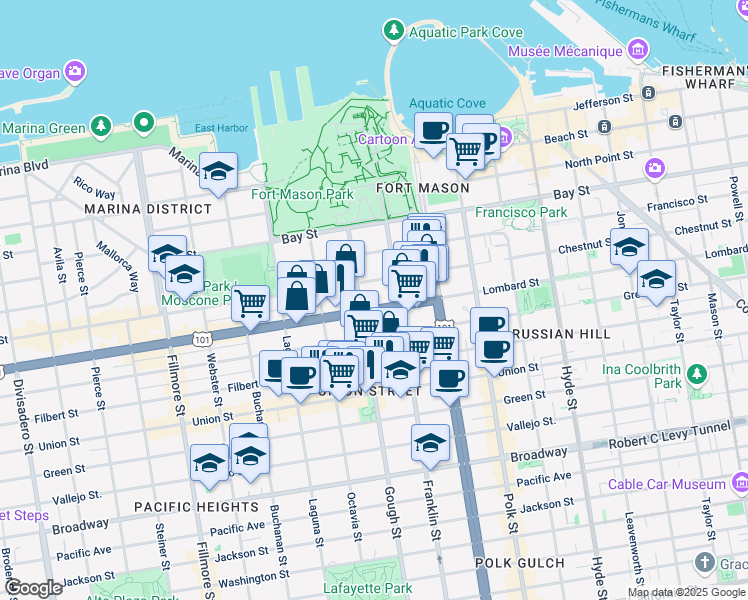 map of restaurants, bars, coffee shops, grocery stores, and more near 1530 Lombard Street in San Francisco