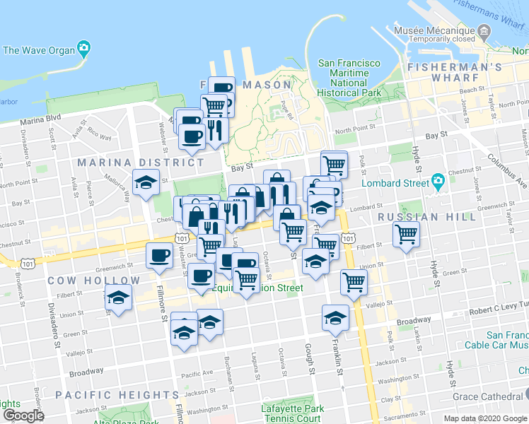 map of restaurants, bars, coffee shops, grocery stores, and more near in San Francisco