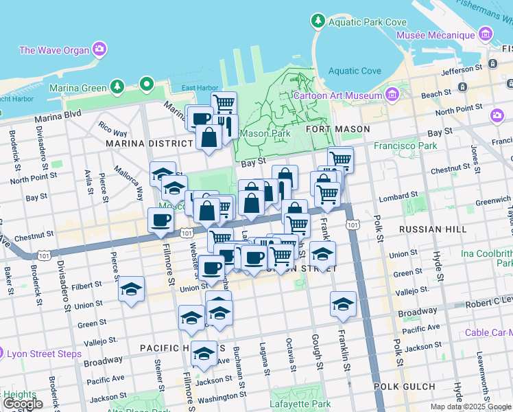 map of restaurants, bars, coffee shops, grocery stores, and more near 1625 Chestnut Street in San Francisco