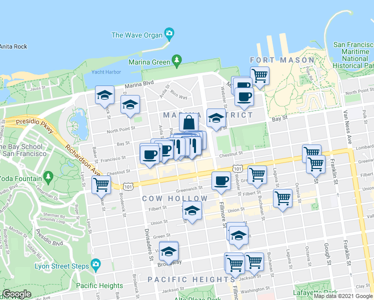map of restaurants, bars, coffee shops, grocery stores, and more near 175 Alhambra Street in San Francisco