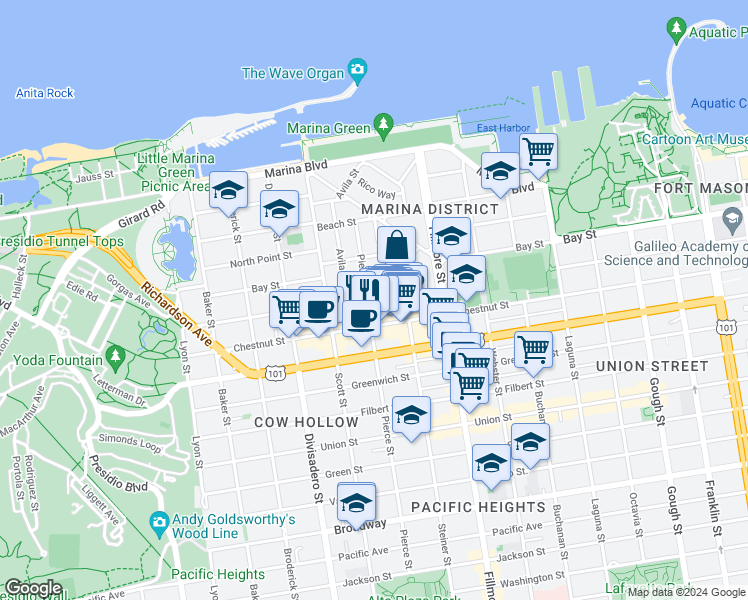 map of restaurants, bars, coffee shops, grocery stores, and more near 175 Alhambra Street in San Francisco